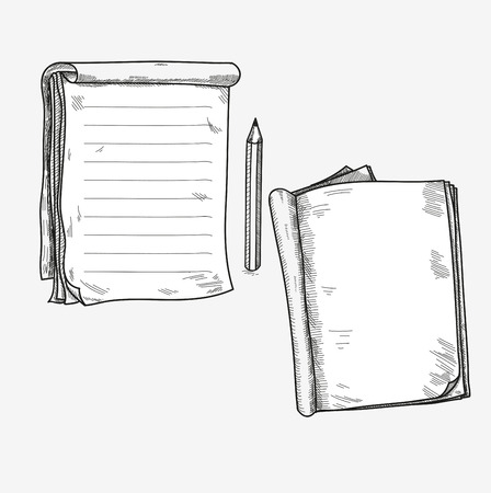 Hand drawn doodle sketch open notebook, clear page, template for notes memo notice comic book scrapbook sketchbook textbook.のイラスト素材