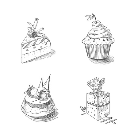 hand drawn confections dessert pastry bakery products cupcake pie muffin.のイラスト素材