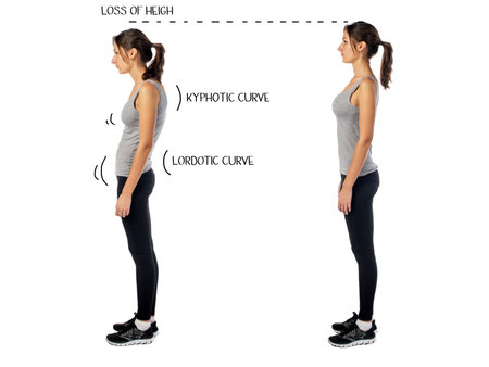 Woman with impaired posture position defect scoliosis and ideal bearing.