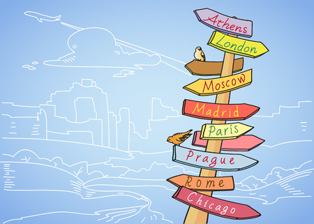 Direction to different places traffic sign indicating distances to several well known cities in the world travel conceptのイラスト素材