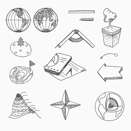 Geography lesson School objects and educational equipment Cartography and topography Education linear hand drawn iconsのイラスト素材