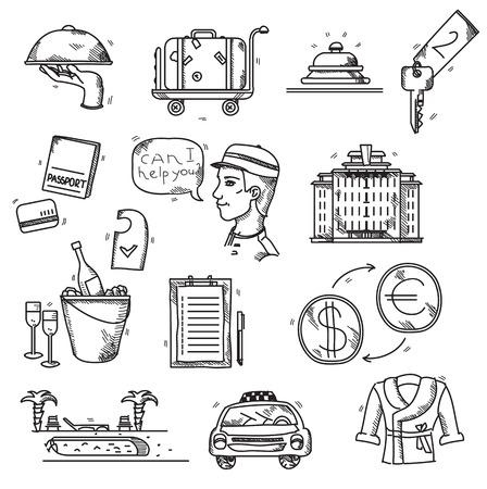 Hotel Services icons doodle hand drawn style concept vacation summer travel.のイラスト素材