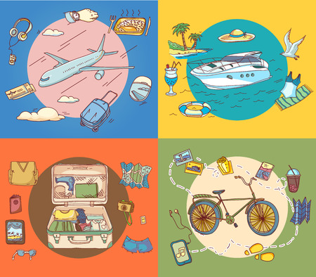 Suitcase with things clothing Air Bicycle and Ship travel hand drawn concept traveling tourism journey passenger traveler objectsのイラスト素材