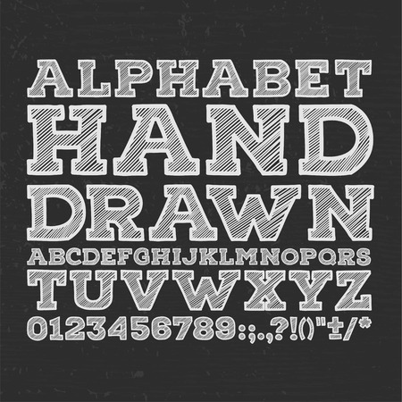 chalk sketched striped alphabet abc vector font. Type letters, numbers, characters and punctuation marks.のイラスト素材