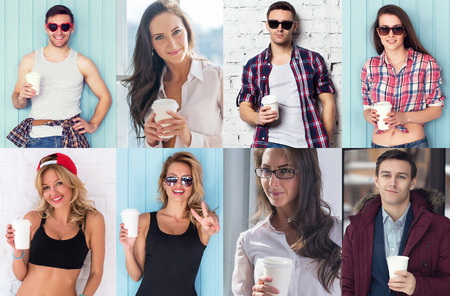 Collection of different many happy smiling young people faces caucasian women and men with coffee Concept avatar userpic socialの写真素材