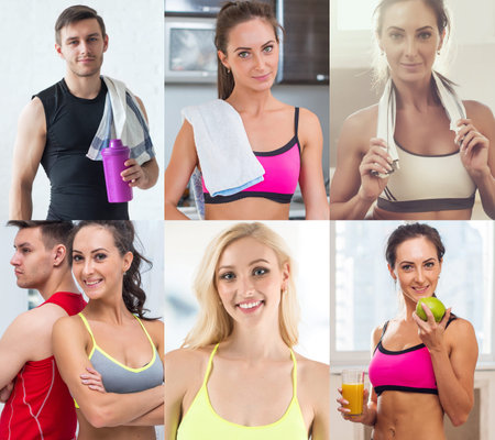 Collection of different many happy smiling young sportive people faces caucasian athlete women and men. Concept business, avatarの写真素材