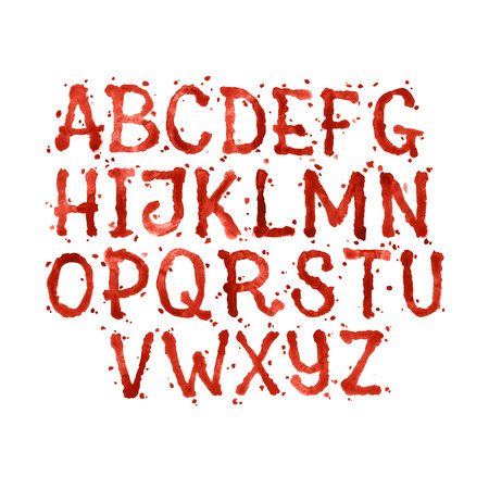 Watercolor aquarelle font type handwritten hand drawn doodle abc alphabet blood and blots stain splashesの写真素材