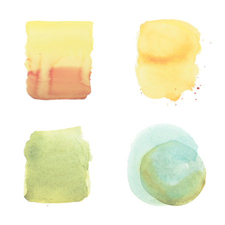 watercolor brush yellow green strokes and drops set, aquarelle simple geometric color patterns.の写真素材