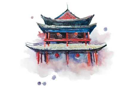 Watercolour painting of Xian fortifications. Sian city wall, China aquarelle illustrationの写真素材