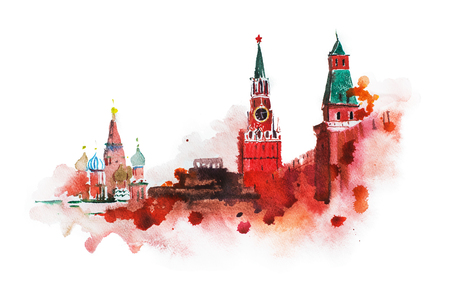 Kremlin, Red Square watercolor drawing. Moscow Russia landmark historical building illustration.の写真素材