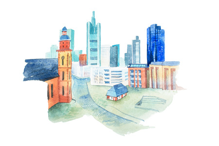 Watercolor painting of modern city with a small houseの写真素材