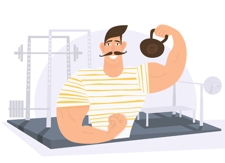 Strongman weight lifter holding weights in gym.のイラスト素材