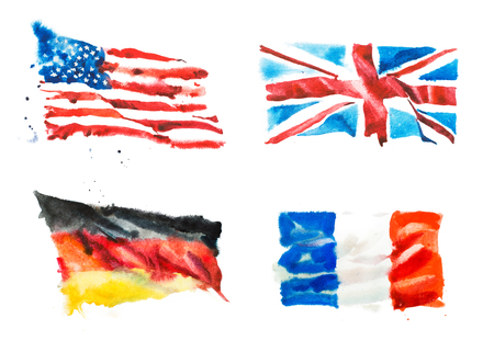 Flags of America, England, France, Germany hand drawn watercolor illustration.の写真素材