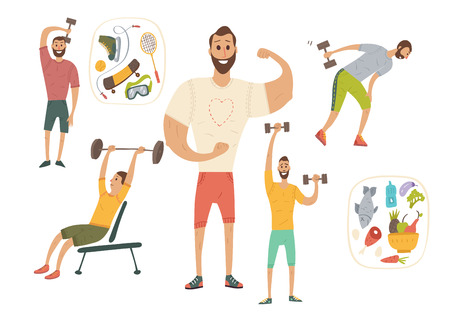People workout with sports equipments, exercises with dumbbells healthy lifestyle and proper nutrition.のイラスト素材