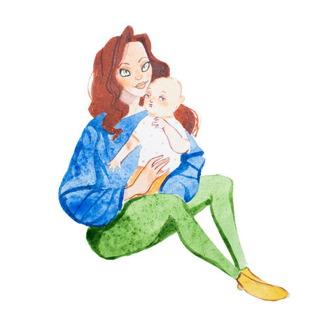 Loving mother holding babies hand drawn with watercolorsの写真素材