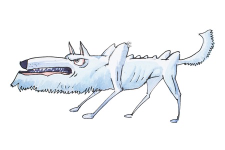 Watercolor illustration of skinny grey angry wolf grinning and growling before attackの写真素材
