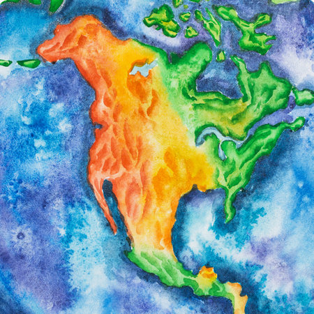 Map. North America hand-drawn with watercolor techniqueの写真素材