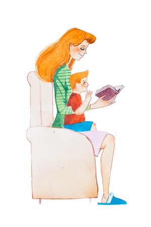 Watercolor illustration of ginger family. Young mother reading a book to her son sitting on her lapの写真素材