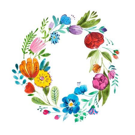 Bright garland of wild flowers drawn on white paper with aquarelle techniqueの写真素材