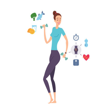 Young woman great shape exercising with dumbbells and fitness gadget. Healthy lifestyle, diet and nutrition.のイラスト素材
