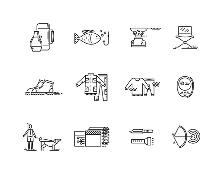 Line icons set of hunting fishing camping.のイラスト素材