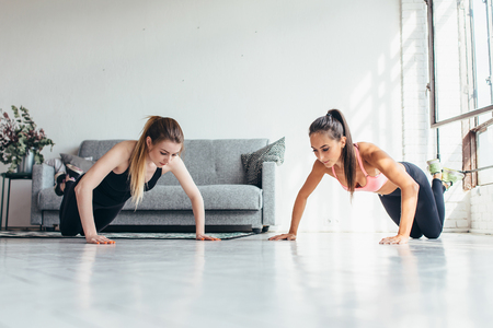 Two fit women doing push up exercise at homeの写真素材
