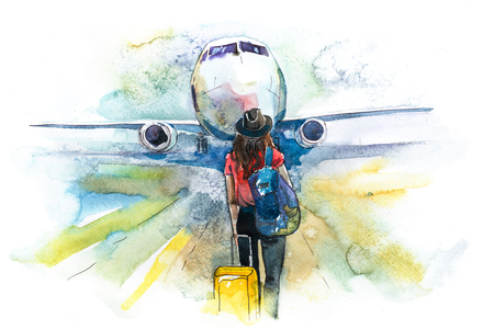 Departure. Woman traveler boarding airplane, rear view. Girl at an airport about to board an aircraftの写真素材