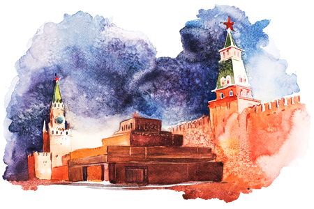 Lenin Mausoleum in Moscow on Red Square Russia Watercolorの写真素材