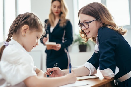 Portrait of schoolgirls talking during lesson in classroomの写真素材
