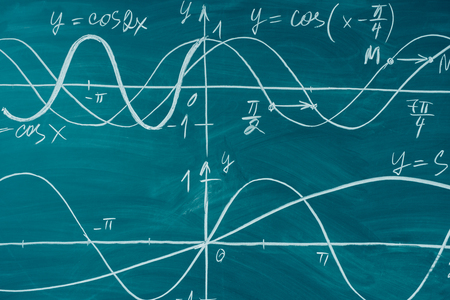Trigonometry. School Chalkboard Function graphs Math lesson.の写真素材