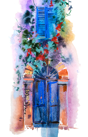 Facade of house. Door, window, architecture Watercolor illustrationの写真素材