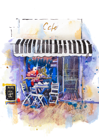 Urban scenic landscape street cafe Watercolor illustrationの写真素材