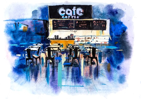 Urban scenic landscape street cafe Watercolor illustrationの写真素材