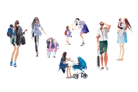 Mothers, children walking People summer outdoor activity vacation, holiday Watercolor illustration.の写真素材