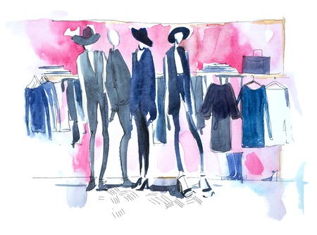 Shopping woman in clothing store Watercolor illustrationの写真素材