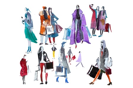 People in outerwear with shopping bags. Sale, shop. Watercolor.の写真素材