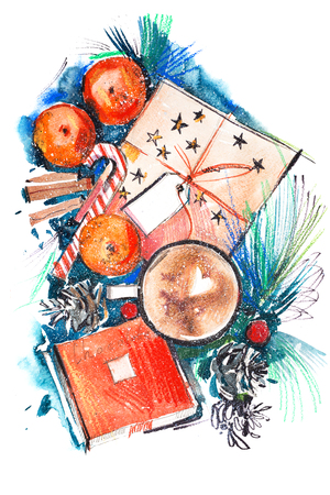 Christmas still life with mandarine coffee chocolate. Watercolor.の写真素材