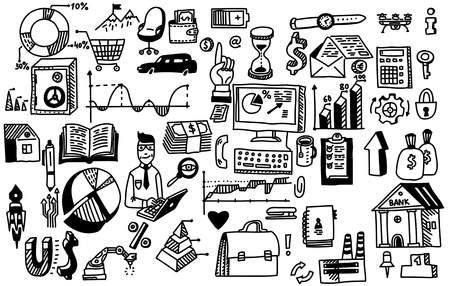 Business finance analytics earnings. Hand draw doodle elements money, charts, graphs.のイラスト素材