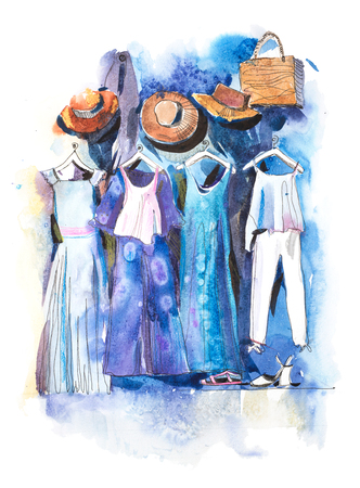 Shopping mall store clothes exhibition clothing display garment rack watercolorの写真素材