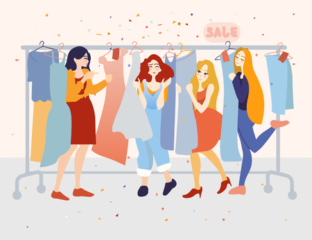 Happy female customers choosing dresses in the clothing storeのイラスト素材