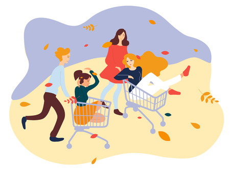 Young people racing with shopping cart. Friends having fun on trolleysのイラスト素材