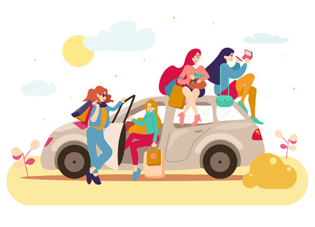 Group of girls with bags after shopping in a car.のイラスト素材