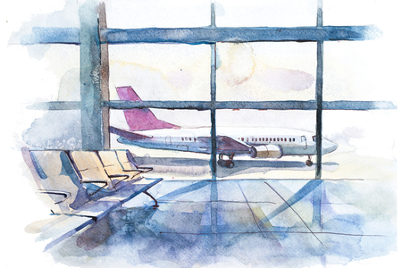 View from the terminal to the takeoff field with airplane. Airport hall interior.の写真素材
