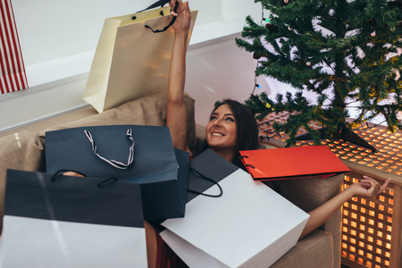 Young woman at home in winter holidays. Christmas and New Yearの写真素材