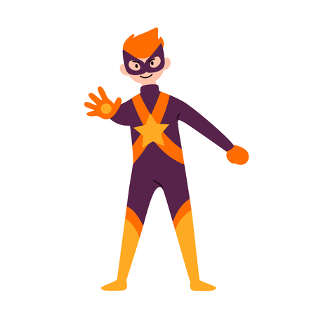 Boy wearing colorful costume of superhero. Vector.のイラスト素材