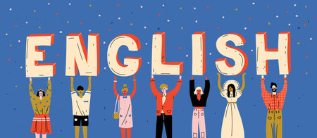 Diverse people holding letters word English. Learn foreign language.