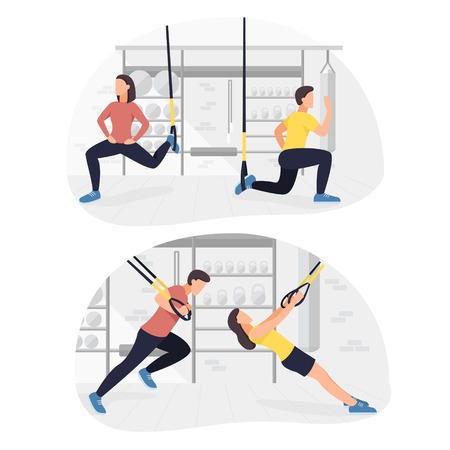 Fit people working out on  doing bodyweight exercises. Fitness strength training workout.のイラスト素材