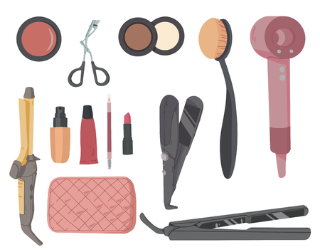 Make-up artist kit. Hair styling accessories set. Cosmetic products eye shadow, lipstick, powderのイラスト素材
