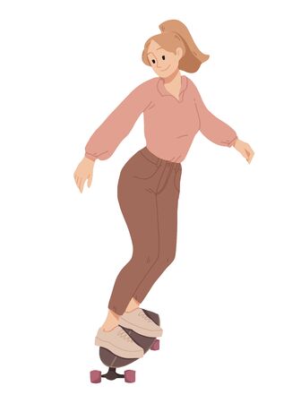 Girl ride on skateboard Summer leisure activity Vector.のイラスト素材