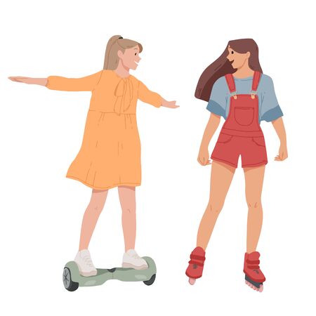 Girls ride on self-balancing scooter, roller skatesのイラスト素材
